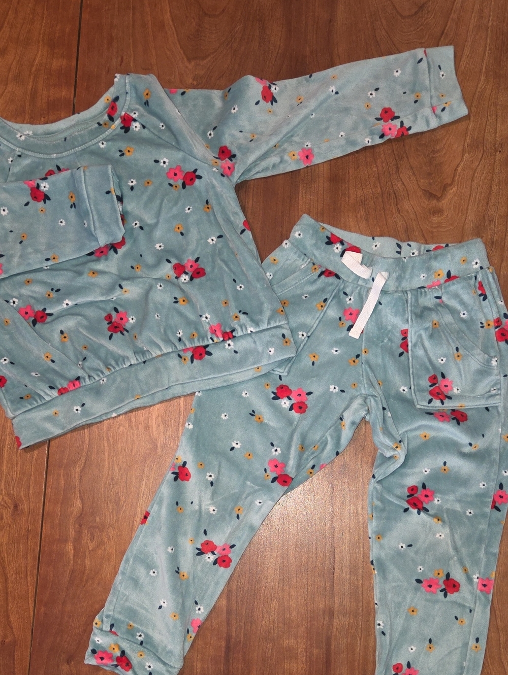 Girls Floral Velour Set in Teal with Pink Flowers